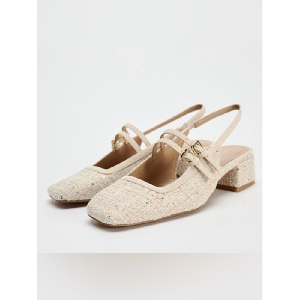 Zara Tweed Marry Jane Double Strap Slingback Block Heels 40/9